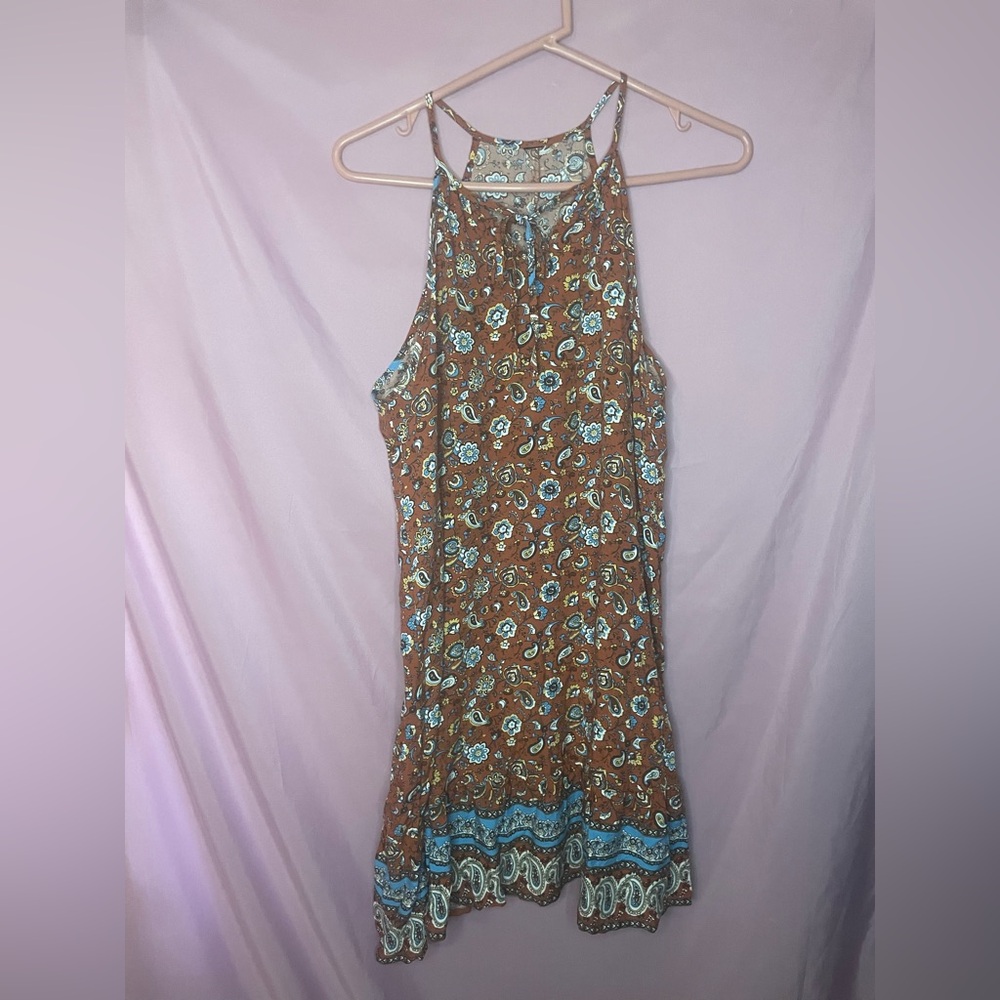 Brown Paisley Halter Sundress with Blue Accents ruffle tie neck S/m